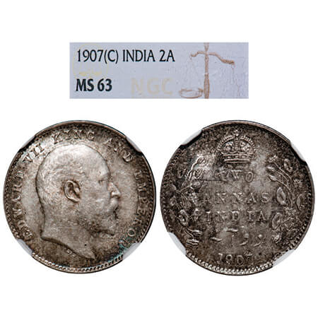 Edward VII, Silver, 2 Annas, 1907, Calcutta Mint, No mint mark. GK 984, F. Prid 560. NGC S