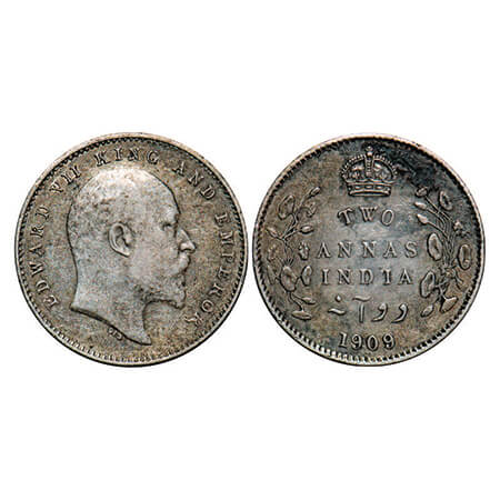 Edward VII, Silver, 2 Annas, 1909, Calcutta Mint, No mint mark. GK 986, F. Prid 562. Extre