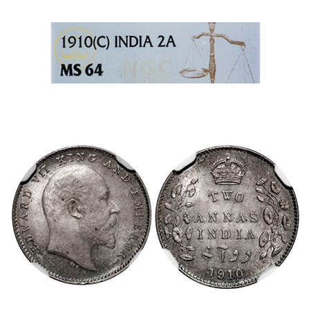 Edward VII, Silver, 2 Annas, 1910, Calcutta Mint, No mint mark. GK 987, F. Prid 563. NGC S