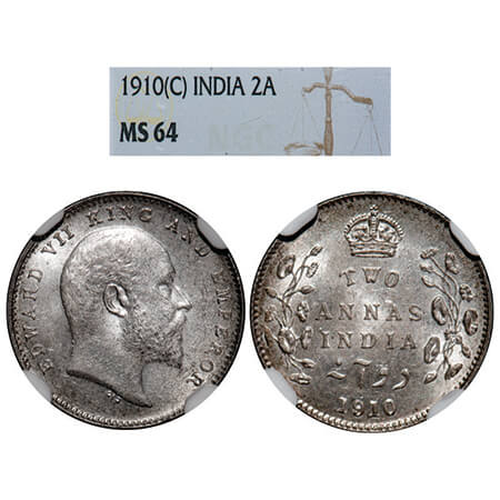 Edward VII, Silver, 2 Annas, 1910, Calcutta Mint, No mint mark. GK 987, F. Prid 563. NGC S