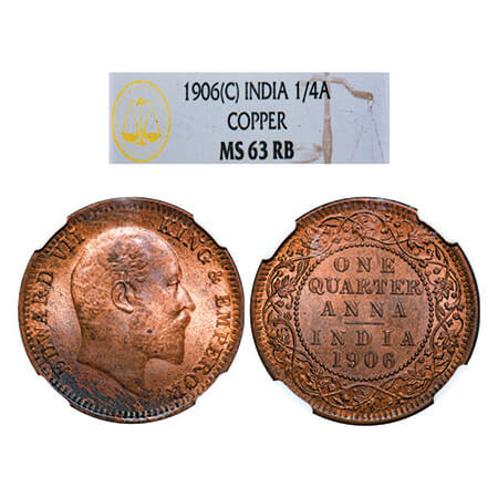 Edward VII, Copper, Quarter Anna, 1906, Calcutta Mint, No mint mark. GK 997, F.Prid 650. N