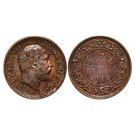 Edward VII, Bronze, ½ Pice, 1910, Calcutta Mint, No mint mark, Multiple die cracks on Obv,