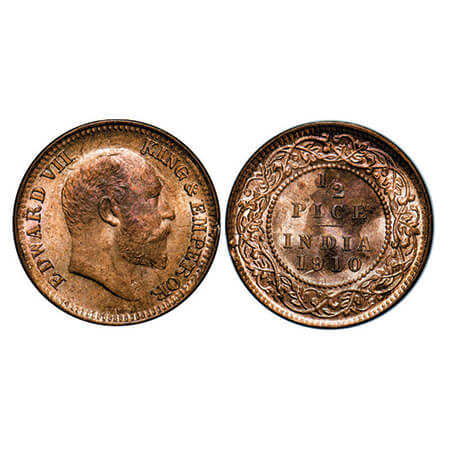 Edward VII, Bronze, 1/2 Pice, 1910, Calcutta Mmint, No mint mark, Ghost on Obv & Rev. GK 1