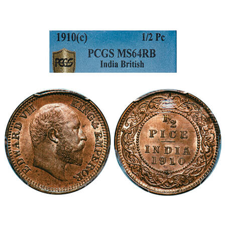 Edward VII, Bronze, 1/2 Pice, 1910, Calcutta Mint, No mint mark. GK 1011, F. Prid 744. PCG