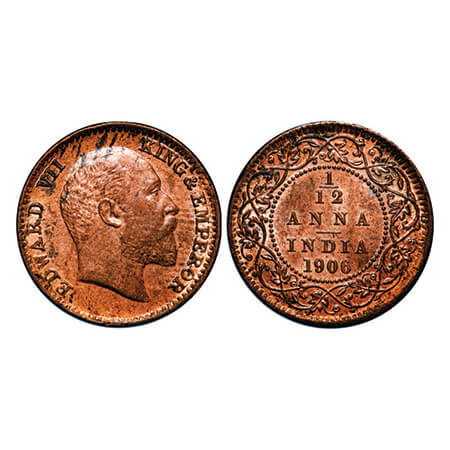 Edward VII, Copper, 1/12 Anna, 1906, Calcutta Mint, No mint mark. GK 1015, F. Prid 821. Br