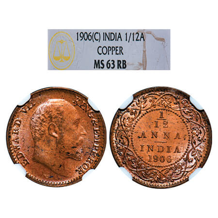 Edward VII, Copper, 1/12 Anna, 1906, Calcutta Mint, No mint mark. GK 1015, F. Prid 821. NG