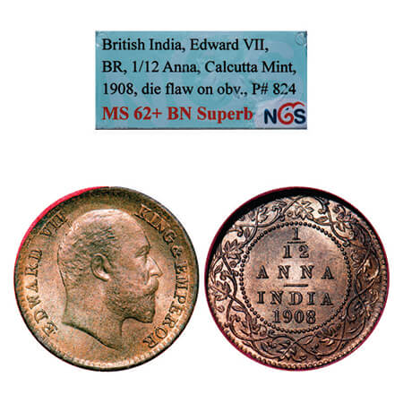 Edward VII, Bronze, 1/12 Anna, 1908, Calcutta Mint, No mint mark, Die flaw on Obv mentione