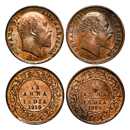 Edward VII, Bronze, 1/12 Anna, (2 coins), 1908, 1910, Calcutta Mint, No mint mark. GK 1018