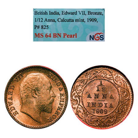 Edward VII, Bronze, 1/12 Anna, 1909, Calcutta Mint, No mint mark. GK 1019, F. Prid 825. NG