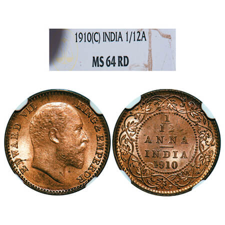 Edward VII, Bronze, 1/12 Anna, 1910, Calcutta Mint, No mint mark. GK 1020, F. Prid 826. NG