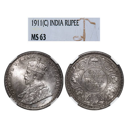 George V, Silver, Rupee, 1911, Calcutta Mint, No dot, Pig-Type. GK 1021, F. Prid 207. NGC 
