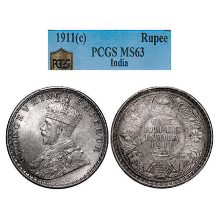 George V, Silver, Rupee, 1911, Calcutta Mint, No dot, Pig-Type. GK 1021, F. Prid 207. PCGS