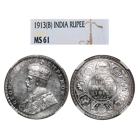George V, Silver, Rupee, 1913, Bombay Mint, Dot. GK 1028, F. Prid 249. NGC Slabbed MS 61. 