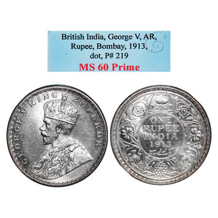 George V, Silver, Rupee, 1913, Bombay Mint, Dot, Elephant. GK 1028, F. Prid 219. NGS Slabb