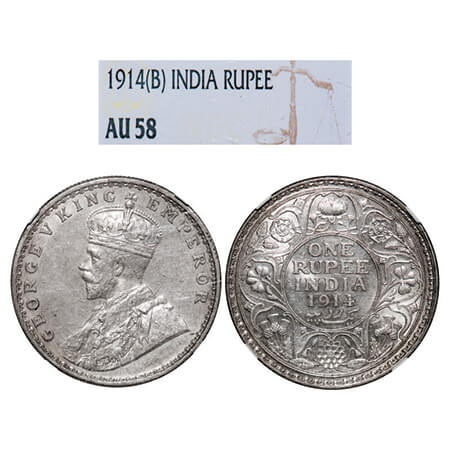 George V, Silver, Rupee, 1914, Bombay Mint, Dot. GK 1030, F. Prid 220. NGC Slabbed AU 58. 