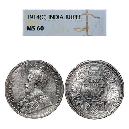 George V, Silver, Rupee, 1914, Calcutta Mint, No dot. GK 1029, F. Prid 210. NGC Slabbed MS