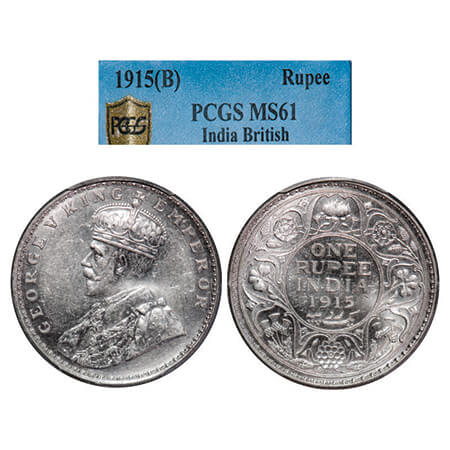 George V, Silver, Rupee, 1915, Bombay Mint, Dot. GK 1032, F. Prid 221. PCGS Slabbed MS 61.