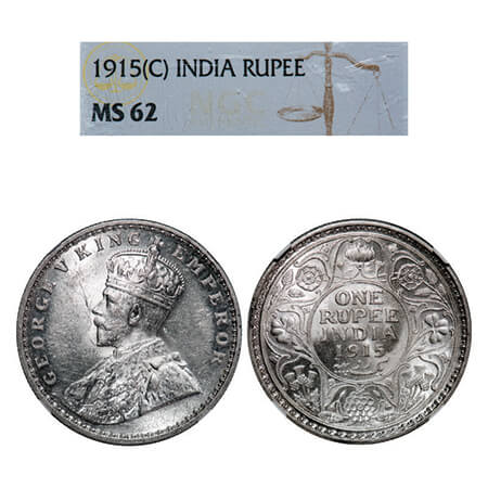 George V, Silver, Rupee, 1915, Calcutta Mint, No dot. GK 1031, F. Prid 211. NGC Slabbed MS