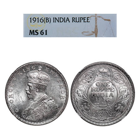 George V, Silver, Rupee, 1916, Bombay Mint, Dot. GK 1034, F. Prid 222. NGC Slabbed MS 61. 
