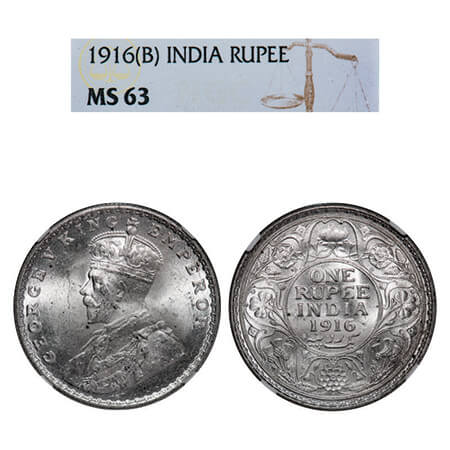 George V, Silver, Rupee, 1916, Bombay Mint, Dot. GK 1034, F. Prid 222. NGC Slabbed MS 63. 