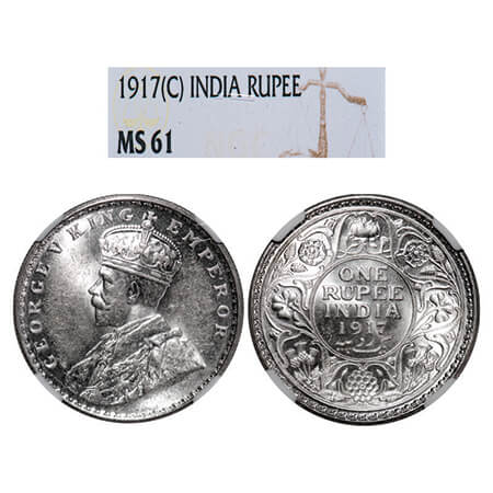 George V, Silver, Rupee, 1917, Calcutta Mint, No dot. GK 1035, F. Prid 213. NGC Slabbed MS