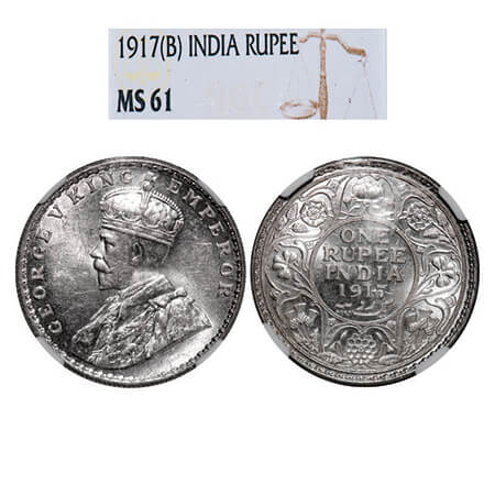George V, Silver, Rupee, 1917, Bombay Mint, Dot. GK 1036, F. Prid 223. NGC Slabbed MS 61. 