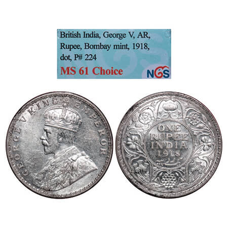 George V, Silver, Rupee, 1918, Bombay Mint, Dot. GK 1038, F. Prid 224. NGS Slabbed MS 61. 