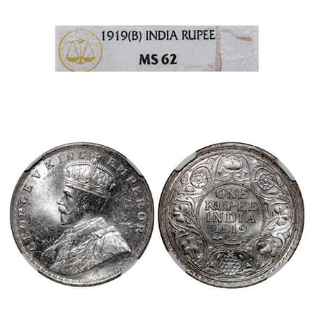 George V, Silver, Rupee, 1919, Bombay Mint, Dot. GK 1040, F. Prid 225. NGC Slabbed MS 62. 