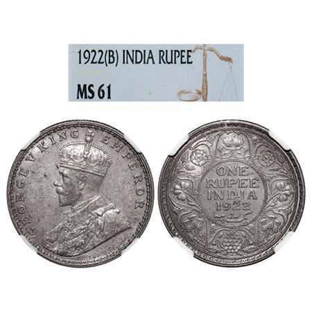 George V, Silver, Rupee, 1922, Bombay Mint, Dot. GK 1044, F. Prid 228. NGC Slabbed MS 61. 