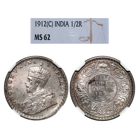 George V, Silver, Half Rupee, 1912, Calcutta Mint, No dot, Re-Drawn Elephant. GK 1046, F. 