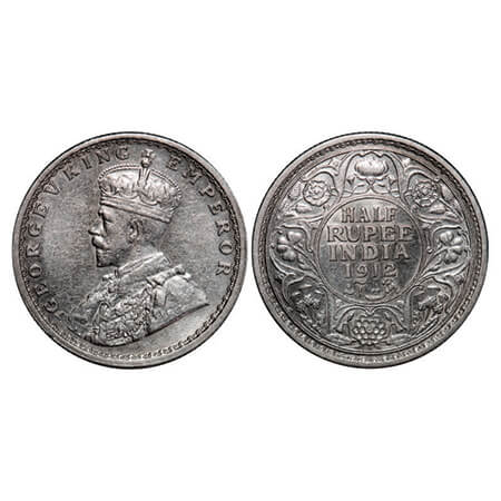 George V, Silver, Half Rupee, 1912, Bombay Mint, Dot. GK 1047, F. Prid 336. About Uncircul