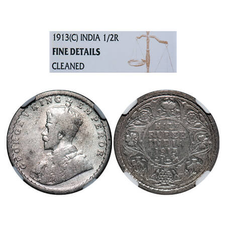 George V, Silver, Half Rupee, 1913, Calcutta Mint, No dot. GK 1048, F. Prid 320. NGC Slabb