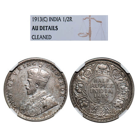 George V, Silver, Half Rupee, 1913, Calcutta Mint, No dot. GK 1048, F. Prid 320. NGC Slabb