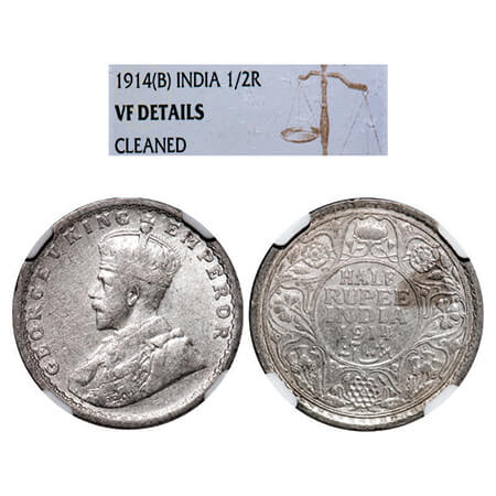 George V, Silver, Half Rupee, 1914, Bombay Mint, Dot. GK 1051, F. Prid 338. NGC Slabbed VF