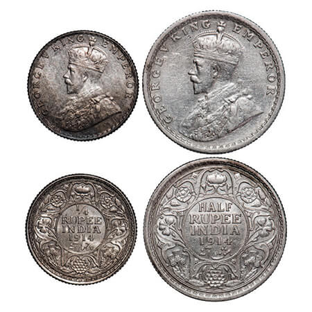 George V, Silver, Half Rupee, 1/4 Rupee, (2 coins), 1914, Bombay Mint, Dot. GK 1051, 1086,