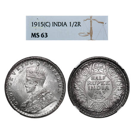 George V, Silver, Half Rupee, 1915, Calcutta Mint, No dot. GK 1052, F. Prid 322. NGC Slabb