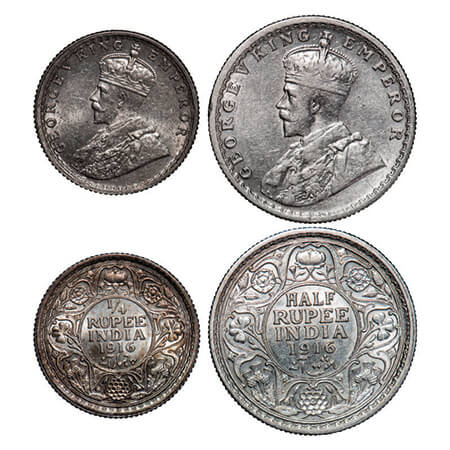 George V, Silver, Half Rupee, 1/4 Rupee, (2 coins), 1916, Calcutta Mint, No dot. GK 1053,