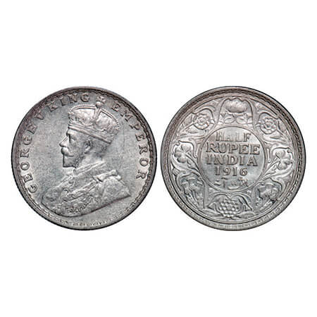 George V, Silver, Half Rupee, 1916, Bombay Mint, Dot. GK 1054, F. Prid 340. About Uncircul