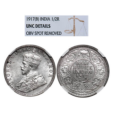 George V, Silver, Half Rupee, 1917, Bombay Mint, Dot. GK 1055, F. Prid 341. NGC Slabbed UN