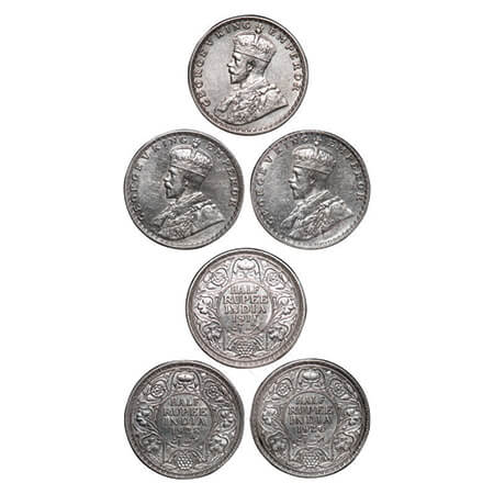 George V, Silver, Half Rupee, (3 coins), 1917, 1926 (7th lowest mintage), 1928 (11th lowes