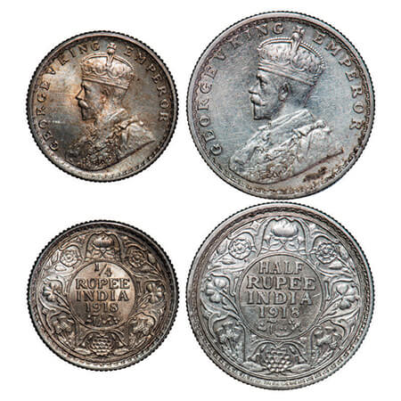 George V, Silver, (2 coins), 1918, 1) Half Rupee, Bombay Mint, dot, 2) 1/4 Rupee, Calcutta