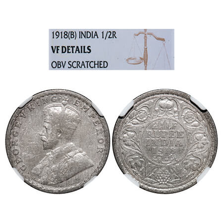 George V, Silver, Half Rupee, 1918, Bombay Mint, Dot. GK 1056, F. Prid 342. NGC Slabbed VF