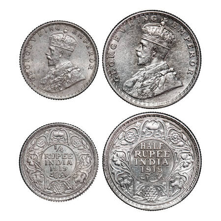 George V, Silver, (2 coins), 1919, 1) Half Rupee, Bombay Mint, dot, 2) 1/4 Rupee, Calcutta