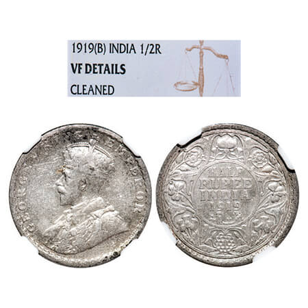 George V, Silver, Half Rupee, 1919, Bombay Mint, Dot. GK 1057, F. Prid 343. NGC Slabbed VF