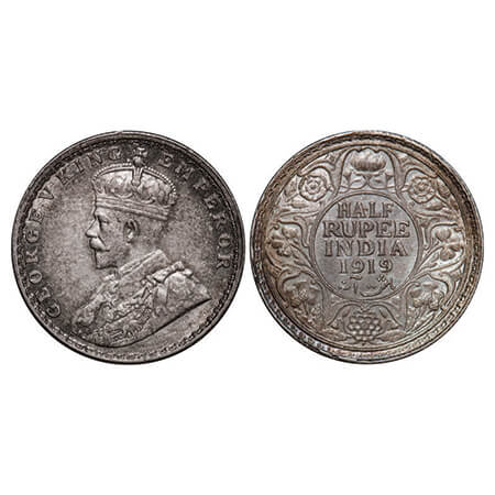 George V, Silver, Half Rupee, 1919, Bombay Mint, Dot, Error, Broken cud error on Rev rim e