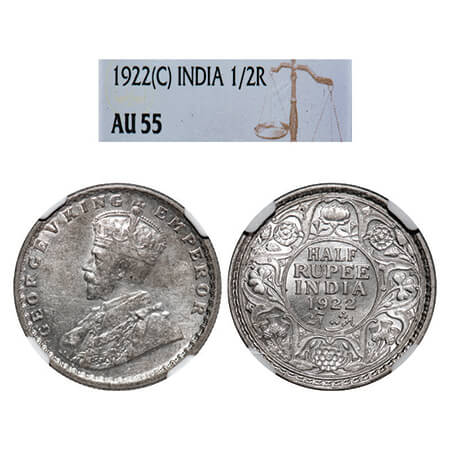 George V, Silver, Half Rupee, 1922, Calcutta Mint, No dot. GK 1059, F. Prid 325. NGC Slabb