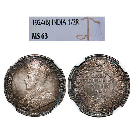 George V, Silver, Half Rupee, 1924, Bombay Mint, Dot. GK 1064, F. Prid 346. NGC Slabbed MS
