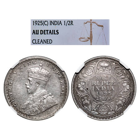 George V, Silver, Half Rupee, 1925, Calcutta Mint, No dot. GK 1065, F. Prid 328. NGC Slabb