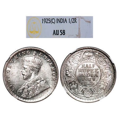 George V, Silver, Half Rupee, 1925, Calcutta Mint, No dot. GK 1065, F. Prid 328. NGC Slabb