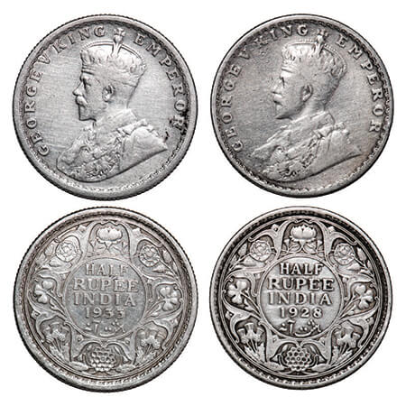 George V, Silver, Half Rupee, (2 coins), 1) 1928, Bombay Mint, Dot, 2) 1933, Calcutta Mint